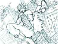 drawing giantess nude city monochrome destruction barefoot anime unknown_artist jets vehicle_insertion