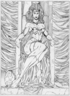 breasts drawing giantess manga monochrome cleavage anime marcos_snowbell sitting crown queen cape throne