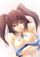 drawing giantess color large_breasts anime purple_hair red_eyes blue_hair smiling unknown_artist pigtails between_breasts