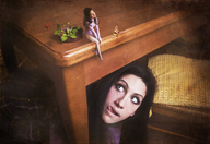 giantess collage black_hair table shrunken_woman hiding chair looking_up butterfly licking_lips