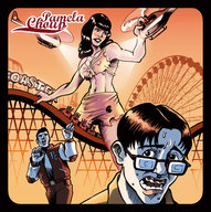 giantess mega comic black_hair handheld cleavage bra skirt helicopter glasses amusement_park red_nails straddling ripped_clothing ferris_wheel running_away roller_coaster spotlight bare_midriff nerd