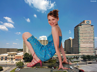 giantess collage city mega high_heels brunette smiling celebrity dress shazam looking_at_viewer