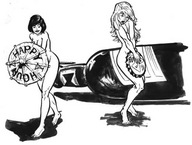 drawing nude blonde monochrome brunette bottle shrunken_woman unknown_hand alcohol