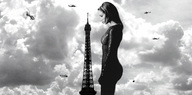 giantess collage mega monochrome long_hair helicopter unknown_artist tower eiffel_tower