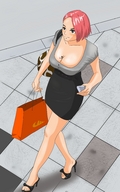 cleavage skirt high_heels red_hair shrunken_men indoors