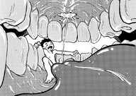 drawing vore monochrome tongue cum penis teeth shrunken_man inside_mouth unknown_hand