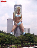 breasts giantess collage city mega blonde swimsuit bra shorts leaning_against_building mikeyg