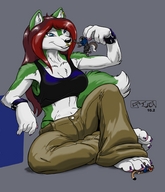 drawing crush furry wolf color clothed playful anime paws red_hair unknown_artist shrunken_men piercings cougr under_foot wolf_girl