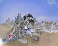 drawing gentle giantess furry wolf city mega black_hair color bridge barefoot water traffic shorts bus london river screaming top emily wolf_girl belt tower_bridge hairband