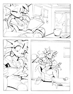 breasts drawing growth furry blushing dragoness horns rabid tail wings city monochrome tongue claws clothed ponytail