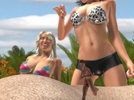 blonde swimsuit handheld brunette pose smiling shrunken_men sand captured aclysm digital_render