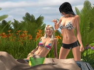 blonde swimsuit handheld brunette pose smiling shrunken_men sand captured aclysm digital_render