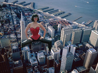 giantess collage city mega destruction high_heels butt_crush short_hair unknown_artist sitting sunglasses latex corset necklace