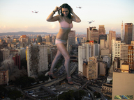 breasts giantess crush collage panties city mega black_hair destruction rampage bra high_heels traffic helicopter underwear smiling bus people vehicles kristina beregous