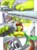 breasts drawing giantess furry anthro city color destruction rampage red_hair doral bus medium_length_hair grabbing outdoors licking_lips sports_bra looking_in scalie