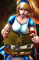 drawing giantess blonde color destruction cleavage anime dress houses red_nails alice_in_wonderland hairband alice