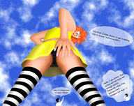 drawing gentle giantess upskirt black_hair long_hair skirt red_hair short_hair between_legs striped_stockings point_of_view top dialogue