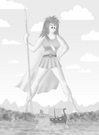 drawing gentle giantess monochrome long_hair skirt anime goddess between_legs looking_down boats top spear