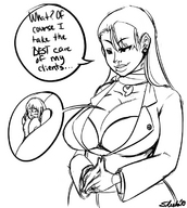breasts drawing monochrome large_breasts cleavage anime shrunken_woman sheela ace_attorney mia_fey between_breasts