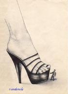 drawing giantess monochrome high_heels anime shrunken_men pen_paper undersole