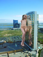 giantess nude blonde barefoot small_breasts noboss reflection shaved_pussy builiding