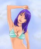 breasts drawing giantess color swimsuit anime purple_hair purple_eyes shrunken_man bikini_top between_breasts