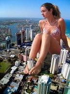 giantess collage city swimsuit destruction barefoot unknown_artist sitting between_toes between_feet