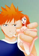 breasts drawing gentle nude pussy bleach comic color handheld barefoot anime red_hair shrunken_woman entrapment kurosaki_ichigo inoue_orihime jitensha orange_hair looking_at_victim