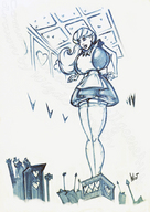 breasts drawing growth giantess monochrome large_breasts anime socks dress wizdomtooth queen alice_in_wonderland queen_of_hearts alice