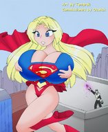 drawing giantess panties city blonde color blue_eyes cleavage anime breast_expansion boots supergirl flying cape tendrak dc_comics bare_legs kryptonite doctor_light