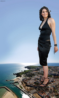 giantess collage city black_hair ocean high_heels celebrity dress legs jets coast morgan_webb shazam black_dress