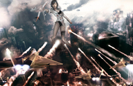 giantess panties city mega black_hair destruction rampage bra blood vehicles aircraft_attack ripped_clothing aircraft