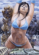drawing giantess city mega color destruction cleavage brunette akafuji asian navel belly thighs bikini_top looking_at_viewer yasuyuki_nishio