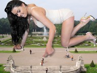 giantess collage black_hair high_heels smiling crawling legs finger_crush kristina garden fountain
