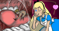 drawing nude vore size_difference blonde color tongue blue_eyes fantasy dress alice_in_wonderland molotav hair_bow alice