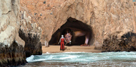 giantess collage black_hair beach ocean angry knight crawling cave rock birds