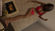 giantess feet long_hair swimsuit barefoot brunette smiling shrunken_men foot_crush table teasing under_foot nail_polish virtual_giantess digital_render