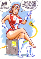drawing giantess mega color large_breasts handheld brunette gloves costume doom_patrol belt dialogue hands_on_hips hairband joe_gravel legs_crossed sitting_on_building dc_comics bare_legs elasti-girl negative_man rita_farr