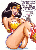 drawing black_hair color large_breasts cleavage bondage shrunken_man mouse_boy wonder_woman leotard joe_gravel dc_comics