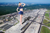giantess crush collage blonde destruction high_heels smiling legs shadow uniform airplane short_skirt airport sunny costume artdent mini_skirt navel_ring