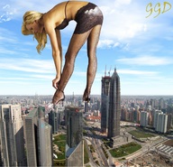 giantess crush collage feet city blonde destruction high_heels helicopter stockings bending_over fishnets looking_down skyscraper china shangai leaning_forward
