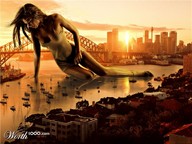 giantess city long_hair cleavage ocean wet brunette dress lying_down boats