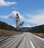 collage mega black_hair long_hair swimsuit destruction cars helicopter wonderslug freeway highway smoke clouds outdoors los_angeles sky roller_skates leilani_dowding