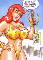breasts drawing city mega color cleavage bra anime superhero giganta red_hair hand dialogue hands_on_hips joe_gravel leopard_print dc_comics loincloth jimmy_olsen