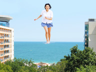 collage mega black_hair skirt ocean asian legs running white_blouse holiday_resort