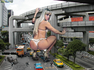 giantess city mega blonde long_hair butt swimsuit bridge high_heels traffic bus running people crouching beregous juju_panicat