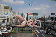 giantess collage city blonde swimsuit high_heels traffic helicopter lying_down entrapment people thighs beregous juju_panicat between_breasts