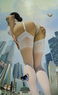 drawing giantess city butt anime stockings surrealism low_angle skyscrapers butterfly point_of_view