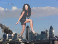 breasts giantess collage city mega black_hair long_hair destruction attack wonderslug dress fire legs london jets smoke short_dress tulisa_contostavlos gherkin