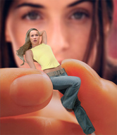 collage blonde clothed finger jeans scared shrunken_woman captured nails between_fingers